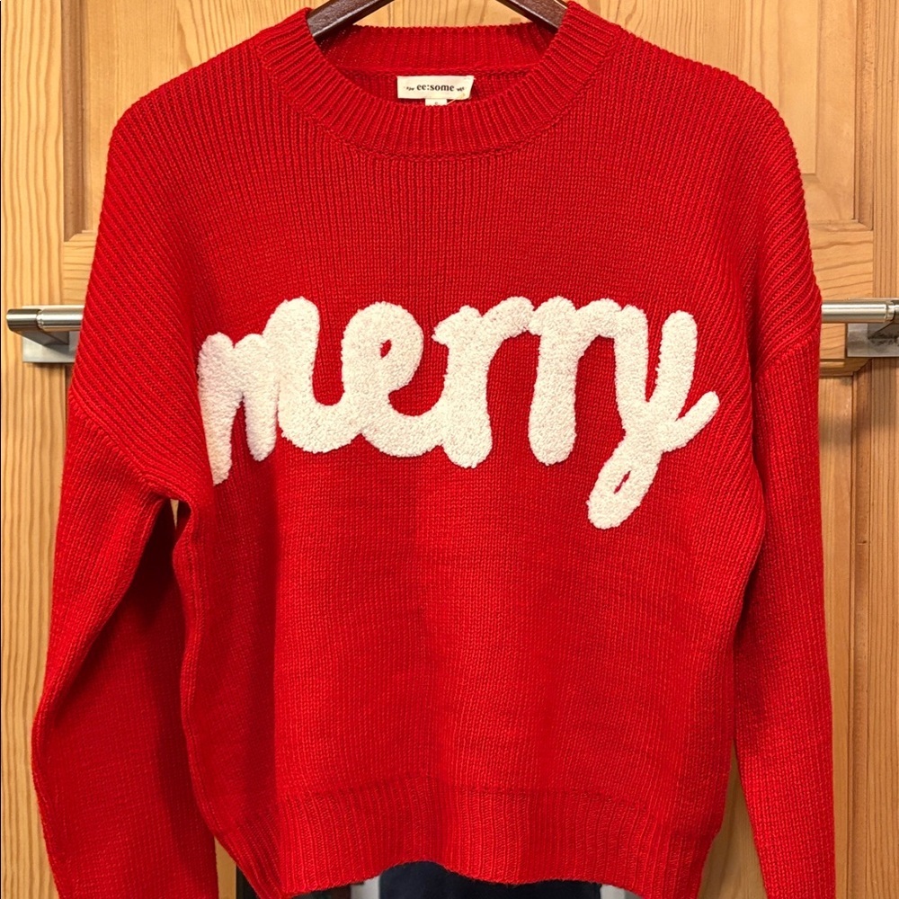 eesome Red Crewneck Cropped  Sweater with White 'Merry' Script oversized Sz S